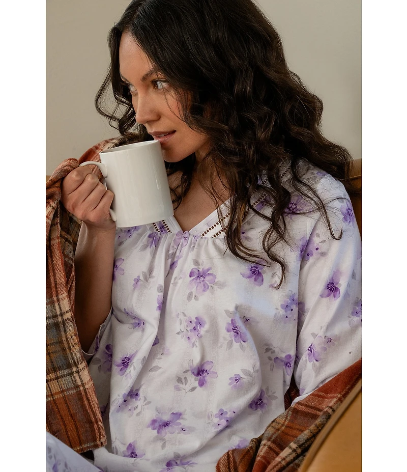 Carole Hochman Lilac Blooms Print 3/4 Sleeve V-Neck Jersey Knit Cotton Knee Length Nightgown