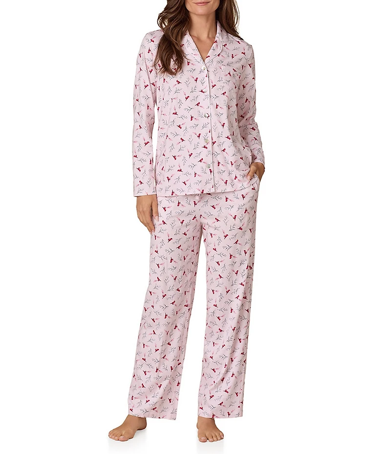 Carole Hochman Long Sleeve Notch Collar Cardinal Print Jersey Knit Button Front Long Pajama Set