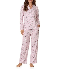 Carole Hochman Long Sleeve Notch Collar Cardinal Print Jersey Knit Button Front Long Pajama Set