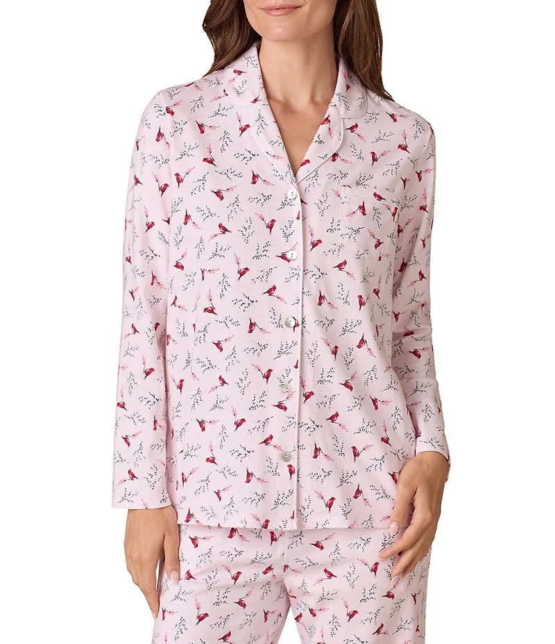 Carole Hochman Long Sleeve Notch Collar Cardinal Print Jersey Knit Button Front Long Pajama Set