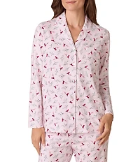 Carole Hochman Long Sleeve Notch Collar Cardinal Print Jersey Knit Button Front Long Pajama Set
