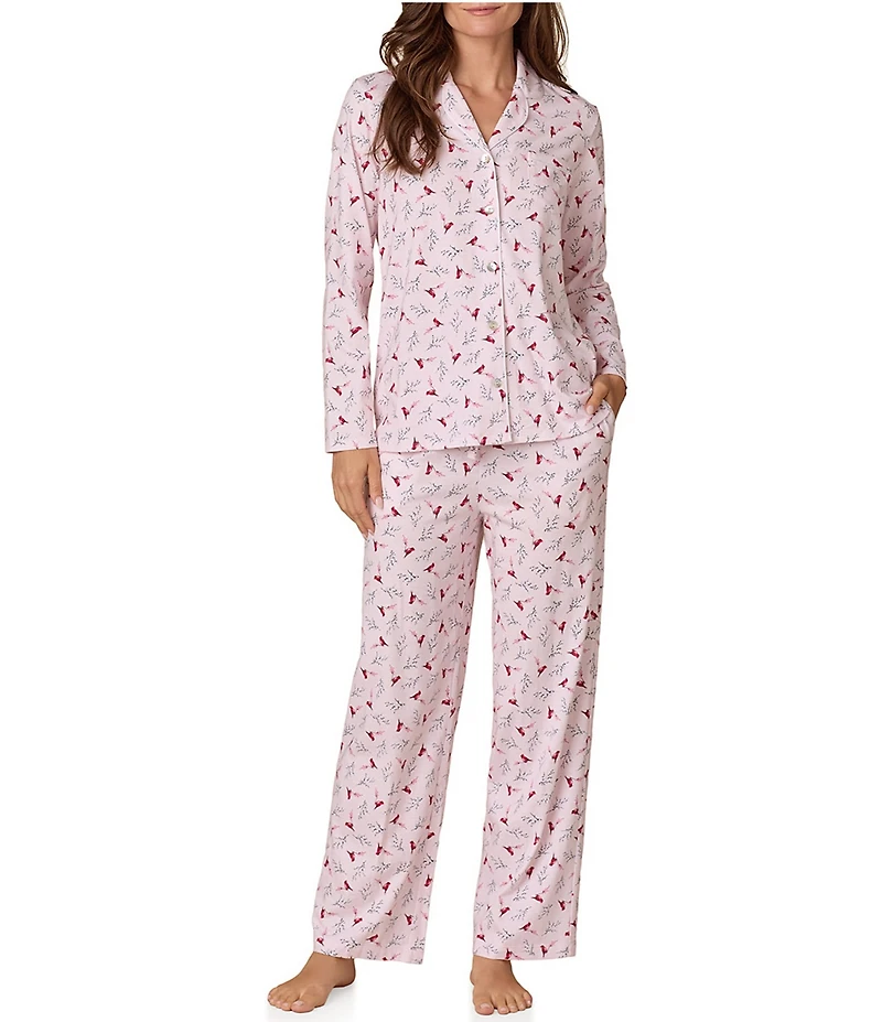 Carole Hochman Long Sleeve Notch Collar Cardinal Print Jersey Knit Button Front Long Pajama Set