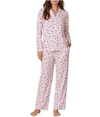 Carole Hochman Long Sleeve Notch Collar Cardinal Print Jersey Knit Button Front Long Pajama Set