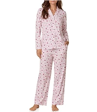Carole Hochman Long Sleeve Notch Collar Cardinal Print Jersey Knit Button Front Long Pajama Set