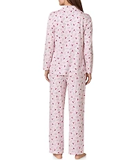 Carole Hochman Long Sleeve Notch Collar Cardinal Print Jersey Knit Button Front Long Pajama Set