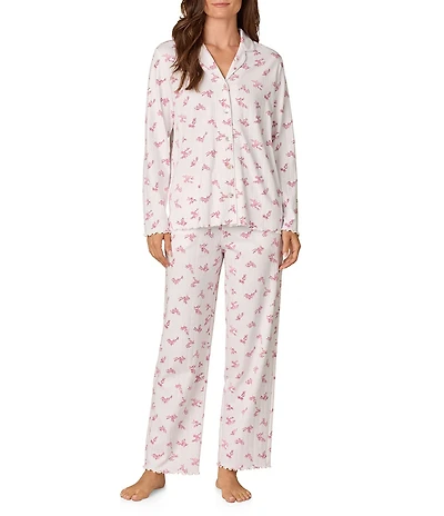 Carole Hochman Long Sleeve Notch Collar Floral Pointelle Button Front Long Pajama Set