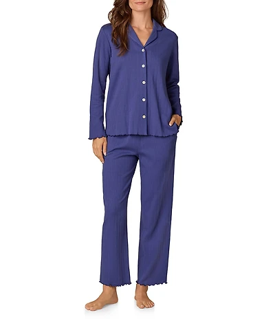 Carole Hochman Long Sleeve Notch Collar Pointelle Knit Button Front Long Pajama Set