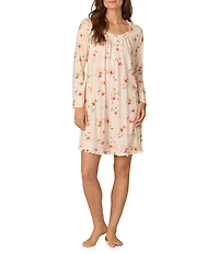 Carole Hochman Long Sleeve Round Neck Cotton Jersey Knit Short Floral Print Nightgown