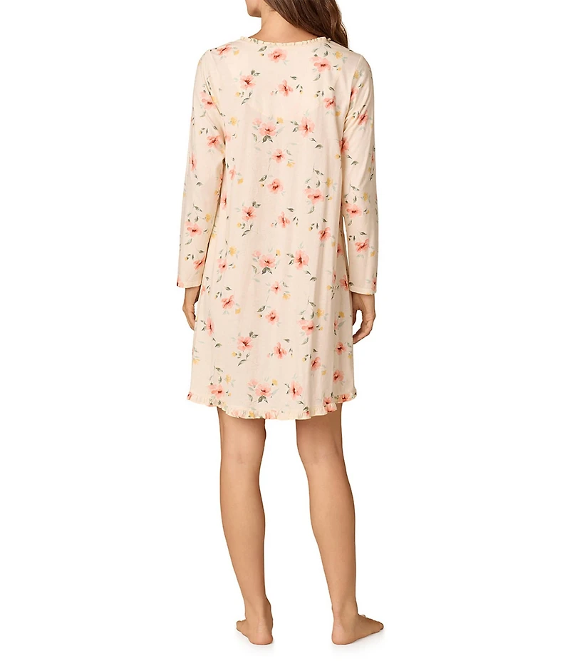 Carole Hochman Long Sleeve Round Neck Cotton Jersey Knit Short Floral Print Nightgown