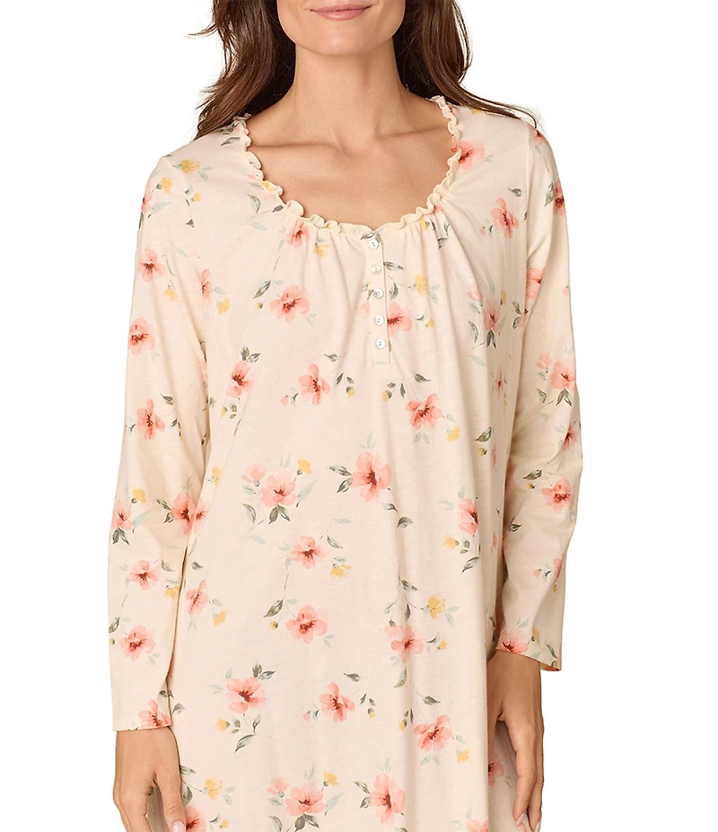 Carole Hochman Long Sleeve Round Neck Cotton Jersey Knit Short Floral Print Nightgown