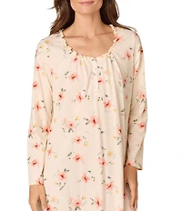 Carole Hochman Long Sleeve Round Neck Cotton Jersey Knit Short Floral Print Nightgown