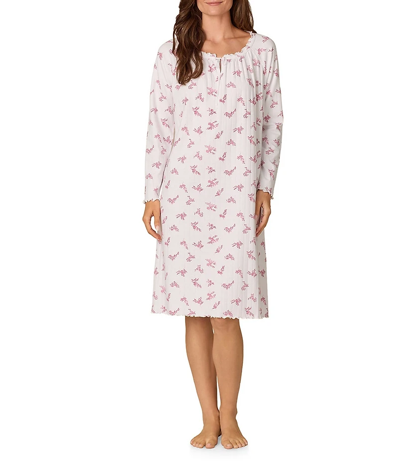 Carole Hochman Long Sleeve Scoop Neck Pointelle Knit Floral Nightgown