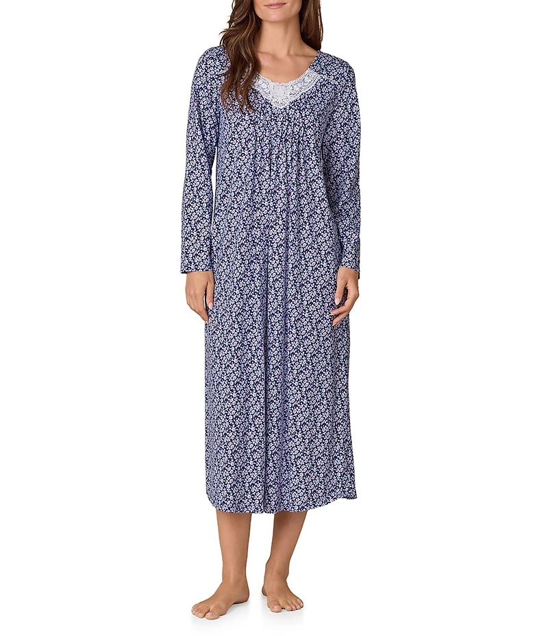 Carole Hochman Long Sleeve V-Neck Jersey Knit Floral Print Long Nightgown