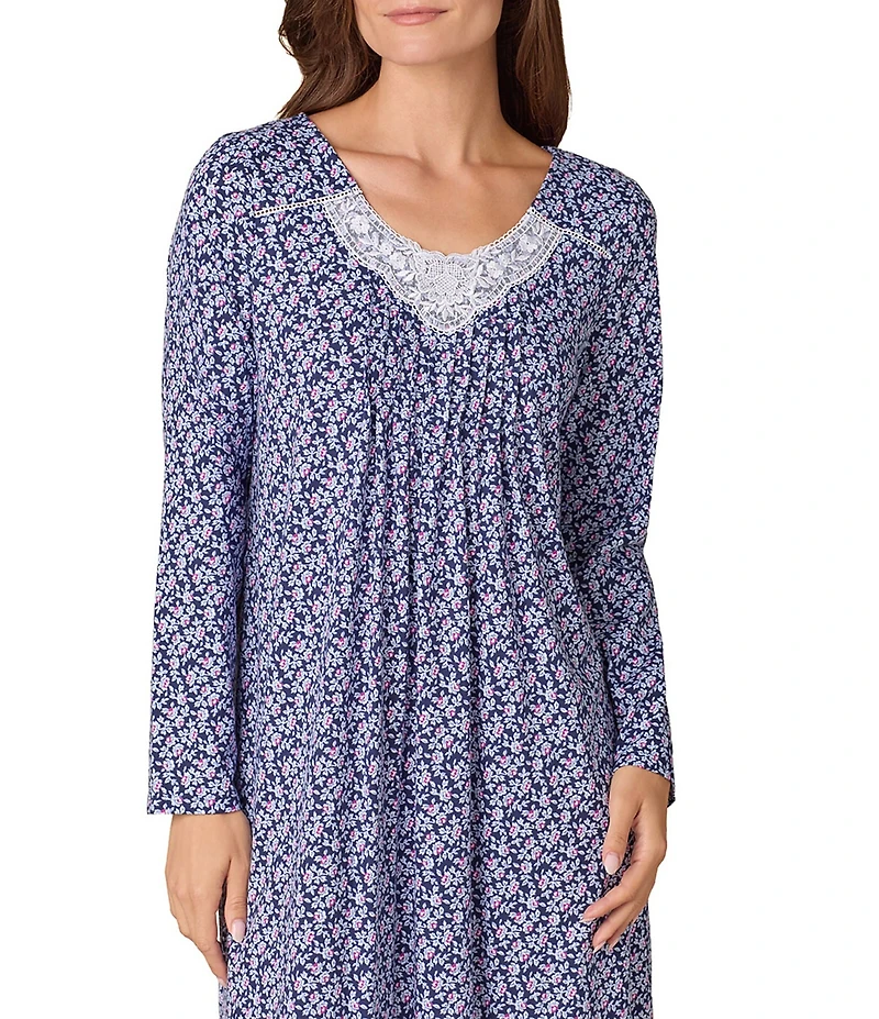 Carole Hochman Long Sleeve V-Neck Jersey Knit Floral Print Long Nightgown