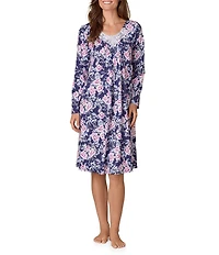 Carole Hochman Long Sleeve V Neck Jersey Knit Floral Print Midi Length Nightgown