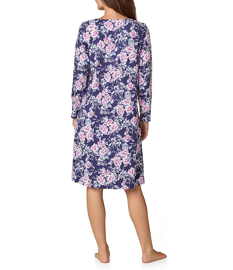 Carole Hochman Long Sleeve V Neck Jersey Knit Floral Print Midi Length Nightgown