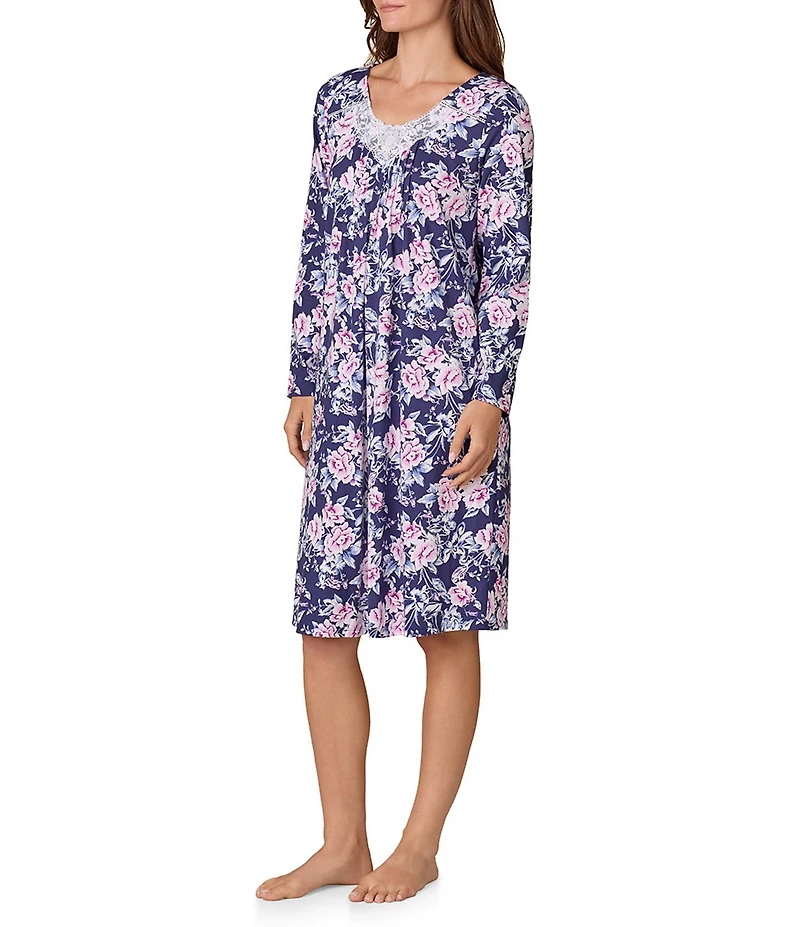Carole Hochman Long Sleeve V Neck Jersey Knit Floral Print Midi Length Nightgown
