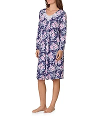 Carole Hochman Long Sleeve V Neck Jersey Knit Floral Print Midi Length Nightgown