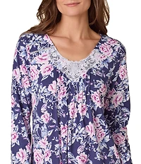 Carole Hochman Long Sleeve V Neck Jersey Knit Floral Print Midi Length Nightgown