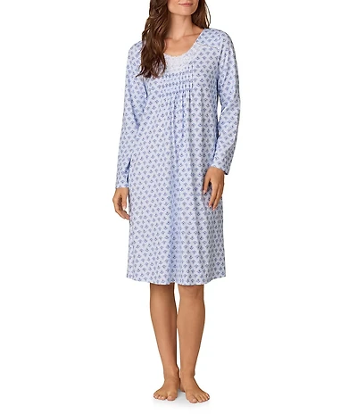 Carole Hochman Long Sleeve V-Neck Jersey Knit Floral Print Midi Length Nightgown