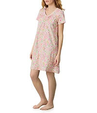 Carole Hochman Multi Floral Print Short Sleeve V-Neck Jersey Knit Short Nightgown