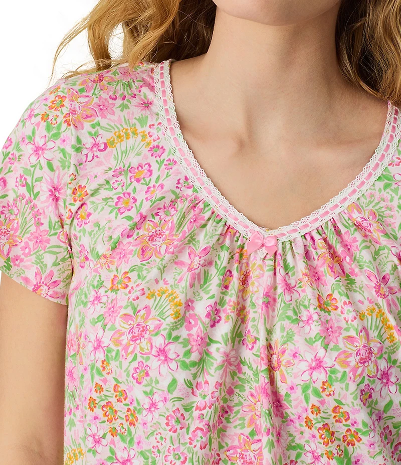 Carole Hochman Multi Floral Print Short Sleeve V-Neck Jersey Knit Short Nightgown