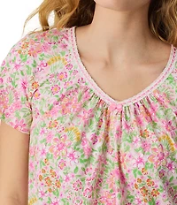 Carole Hochman Multi Floral Print Short Sleeve V-Neck Jersey Knit Short Nightgown