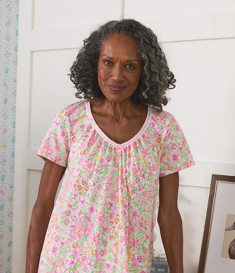 Carole Hochman Multi Floral Print Short Sleeve V-Neck Jersey Knit Short Nightgown