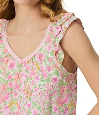 Carole Hochman Multi Floral Print Sleeveless V-Neck Jersey Knit Bermuda Pajama Set