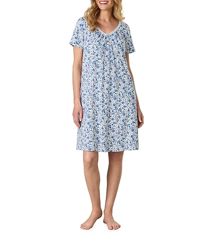Carole Hochman Paisley Print Short Sleeve V-Neck Knit Interlock Cotton Nightgown