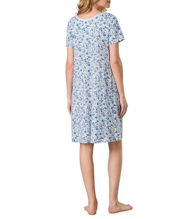 Carole Hochman Paisley Print Short Sleeve V-Neck Knit Interlock Cotton Nightgown