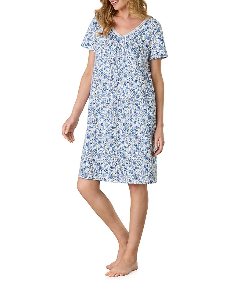 Carole Hochman Paisley Print Short Sleeve V-Neck Knit Interlock Cotton Nightgown