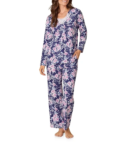 Carole Hochman Petite Floral Print Long Sleeve V-Neck Jersey Knit Cotton Long Pajama Set