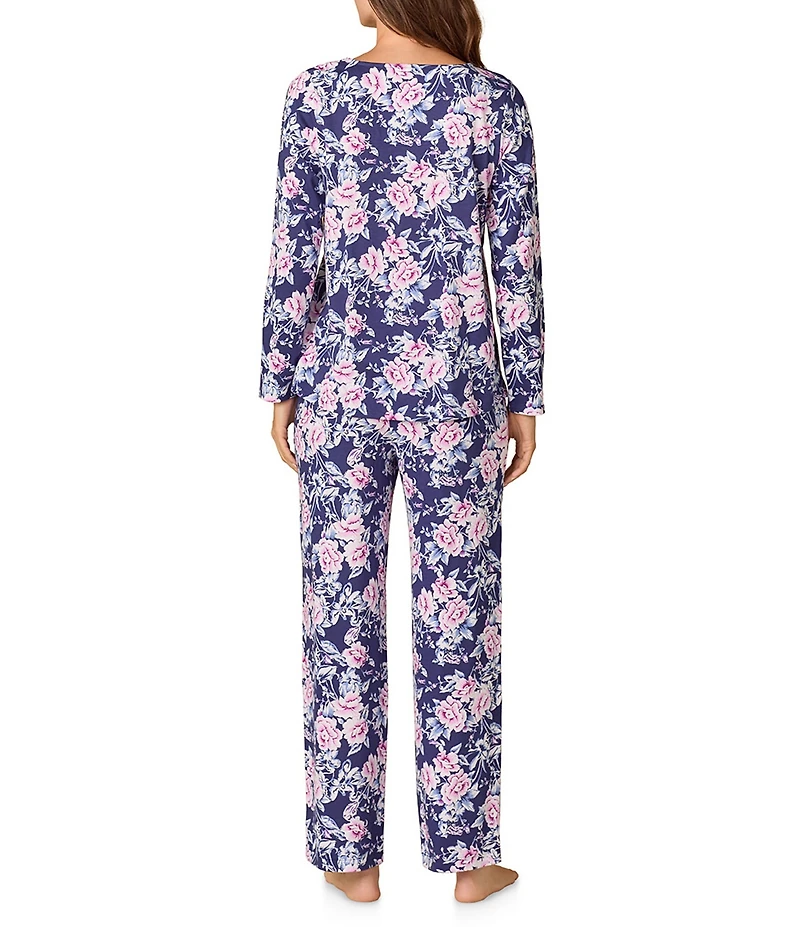 Carole Hochman Petite Floral Print Long Sleeve V-Neck Jersey Knit Cotton Long Pajama Set