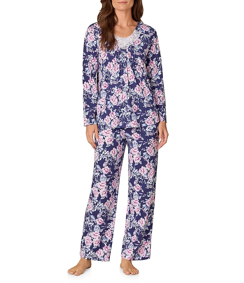 Carole Hochman Petite Floral Print Long Sleeve V-Neck Jersey Knit Cotton Long Pajama Set