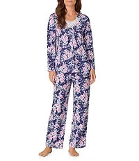 Carole Hochman Petite Floral Print Long Sleeve V-Neck Jersey Knit Cotton Long Pajama Set