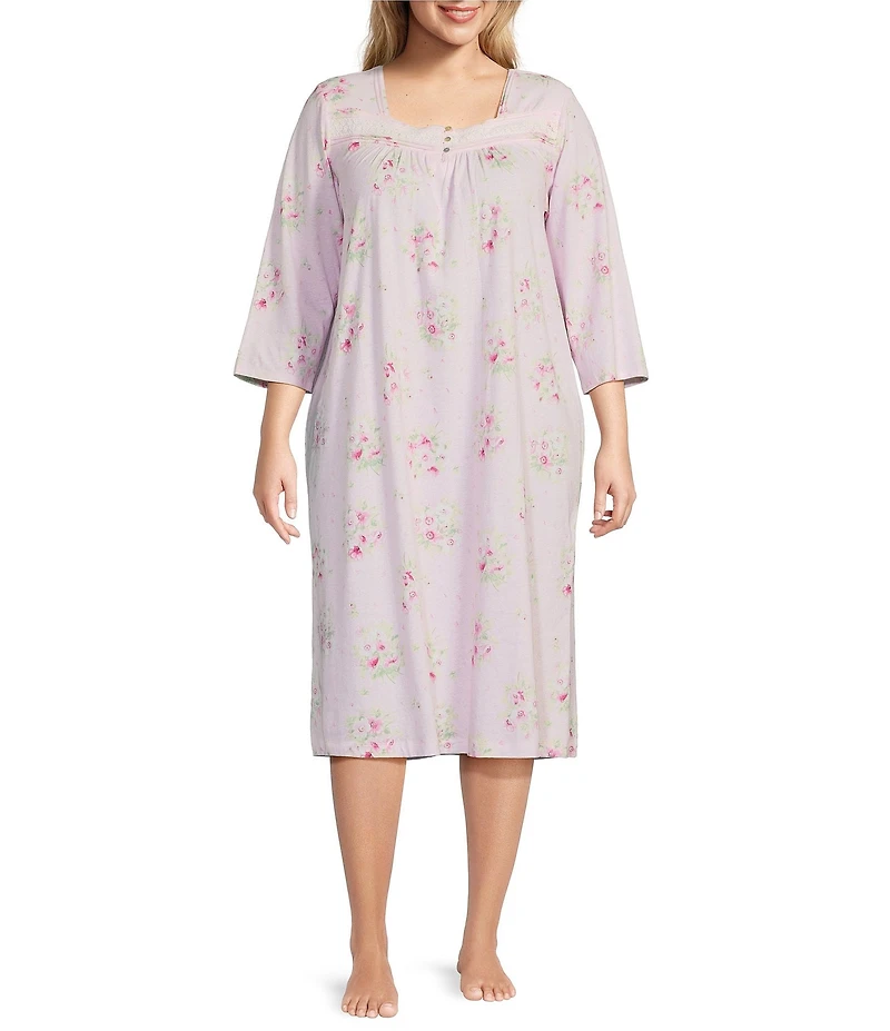 Carole Hochman Plus Size 3/4 Sleeve Sweetheart Neck Floral Jersey Knit Waltz Nightgown
