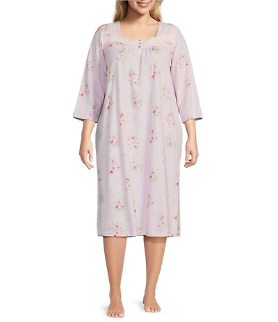 Carole Hochman Plus Size 3/4 Sleeve Sweetheart Neck Floral Jersey Knit Waltz Nightgown