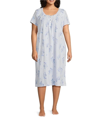 Carole Hochman Plus Size Floral Stripe Print Short Sleeve Round Jersey Knit Waltz Gown