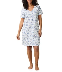 Carole Hochman Short Sleeve V-Neck Jersey Knit Countryside Toile Print Nightgown