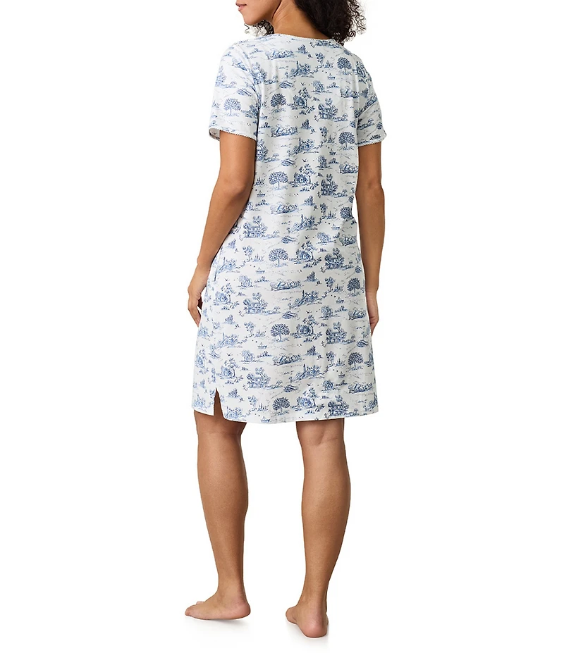 Carole Hochman Short Sleeve V-Neck Jersey Knit Countryside Toile Print Nightgown