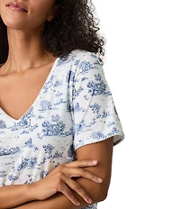 Carole Hochman Short Sleeve V-Neck Jersey Knit Countryside Toile Print Nightgown