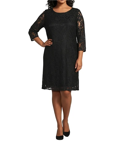 Caroline Plus Size Floral Lace Round Neck 3/4 Sleeve Bodice Lined Shift Dress