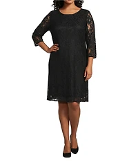 Caroline Plus Size Floral Lace Round Neck 3/4 Sleeve Bodice Lined Shift Dress