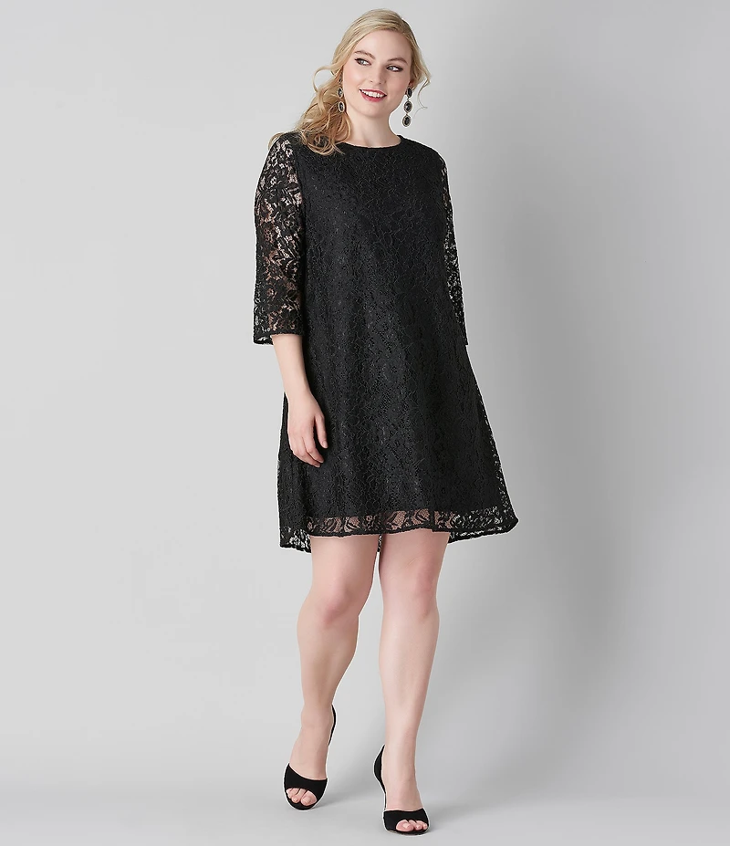 Caroline Plus Size Floral Lace Round Neck 3/4 Sleeve Bodice Lined Shift Dress