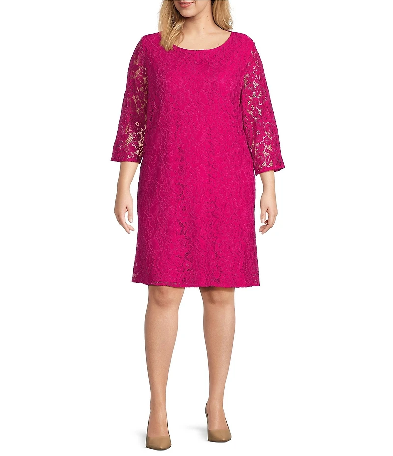 Caroline Plus Size Floral Lace Round Neck 3/4 Sleeve Bodice Lined Shift Dress