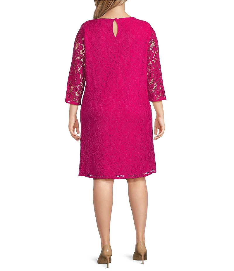 Caroline Plus Size Floral Lace Round Neck 3/4 Sleeve Bodice Lined Shift Dress