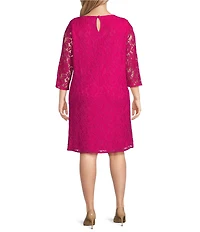 Caroline Plus Size Floral Lace Round Neck 3/4 Sleeve Bodice Lined Shift Dress