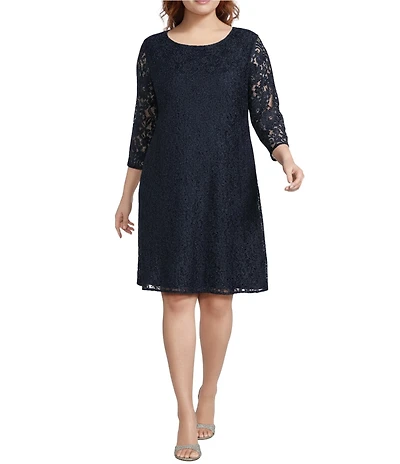 Caroline Plus Size Floral Lace Round Neck 3/4 Sleeve Bodice Lined Shift Dress