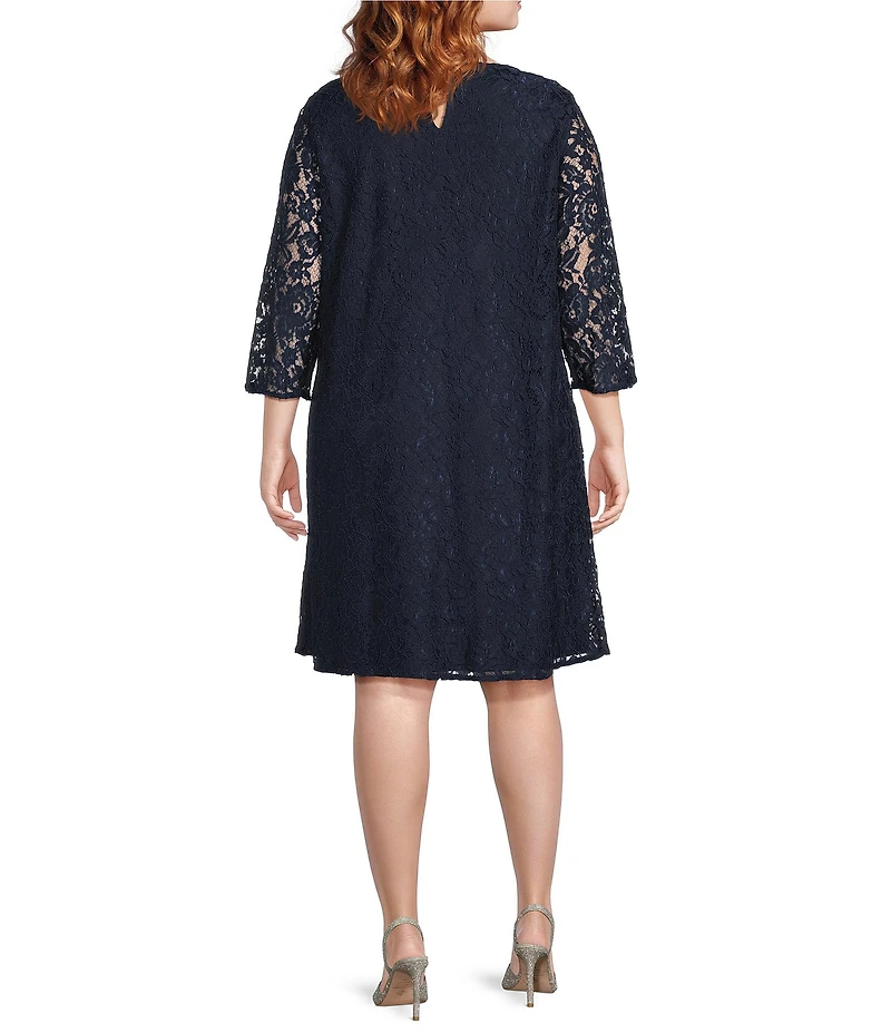 Caroline Plus Size Floral Lace Round Neck 3/4 Sleeve Bodice Lined Shift Dress